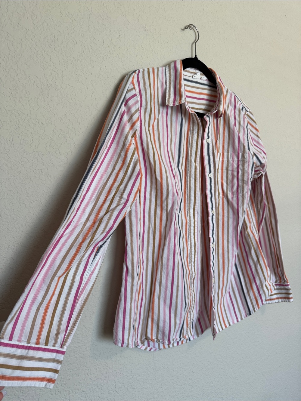 GAP Multicolor Striped Button-Up Shirt in White, Pink, Orange & Brown | Vintage